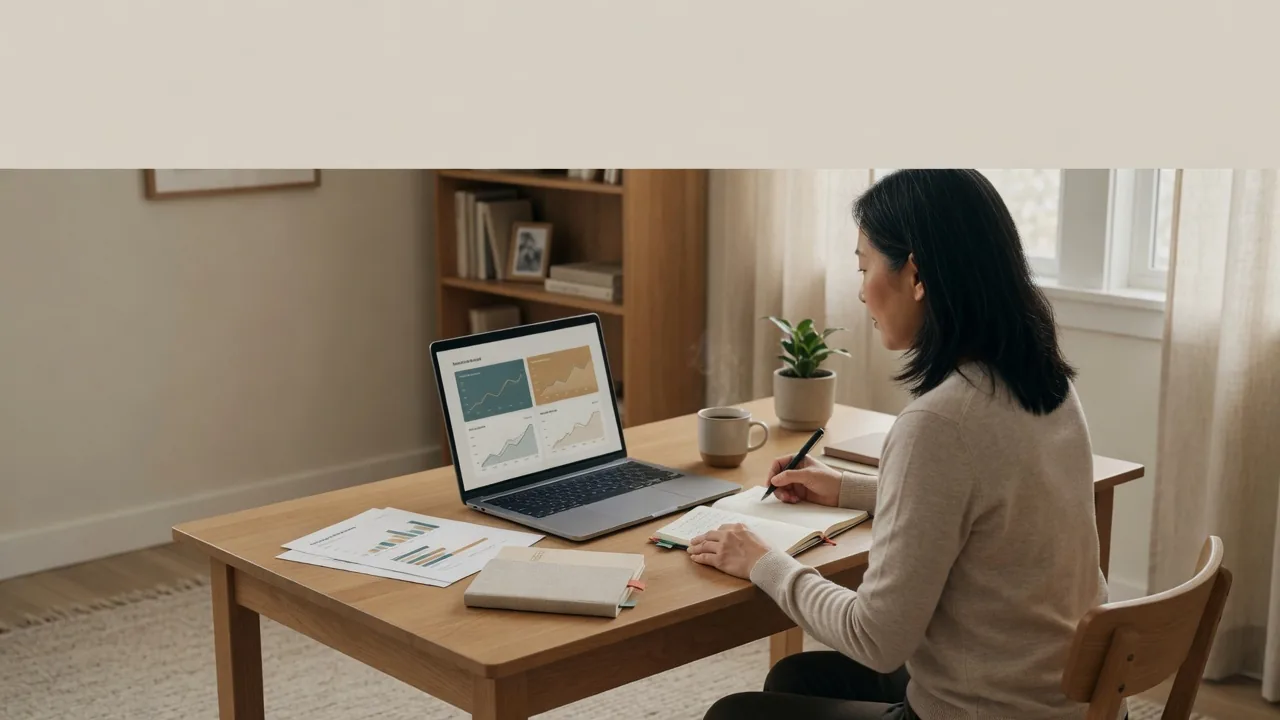A mid-40s East Asian woman at a quiet residential study desk watches a laptop dashboard for ranks and AI mention visibility.