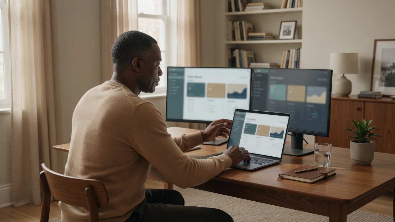 A late-30s Black man at a quiet residential study desk watches ranks across places and domains on a laptop and unmarked monitor.